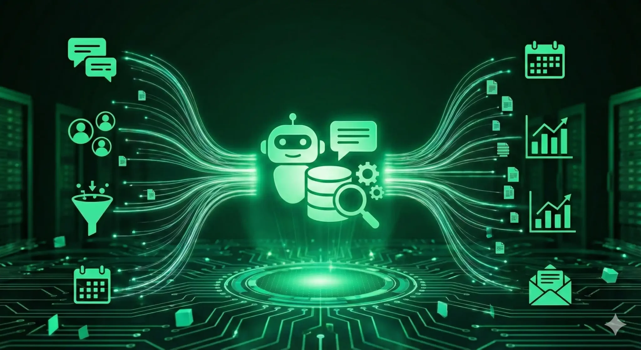 Illustrazione concettuale di bot AI che elabora dati visuali in un ambiente digitale.