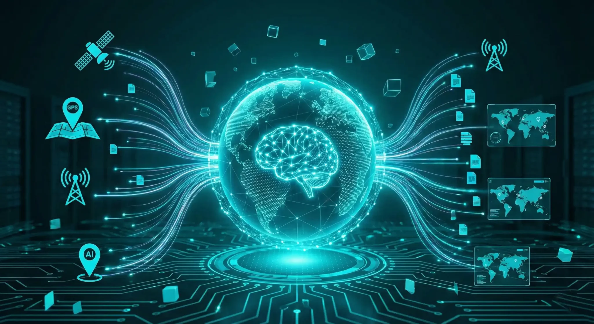 Rappresentazione futuristica dell'intelligenza artificiale globale con simboli tecnologici.