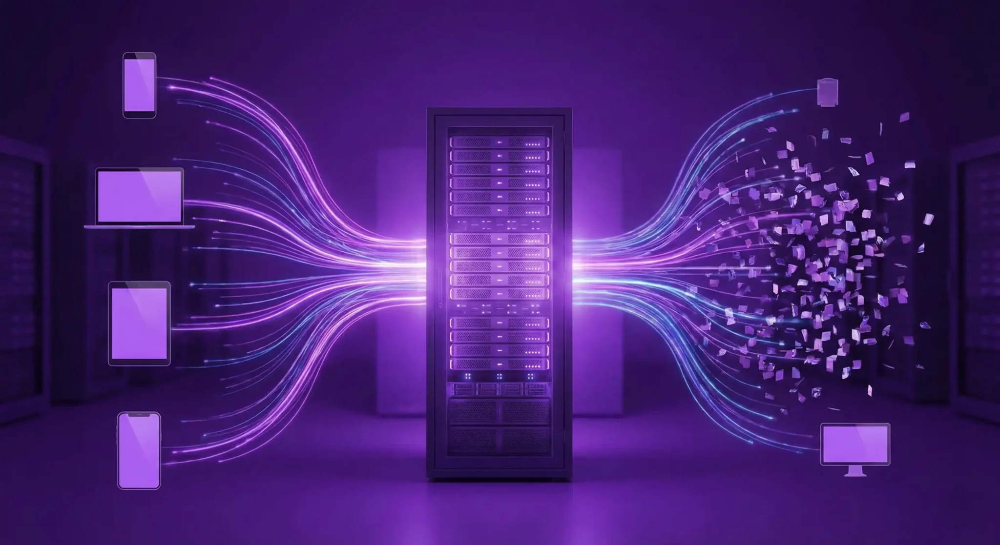 Server centrale con connessioni digitali che si diramano verso dispositivi tecnologici e dati virtuali.