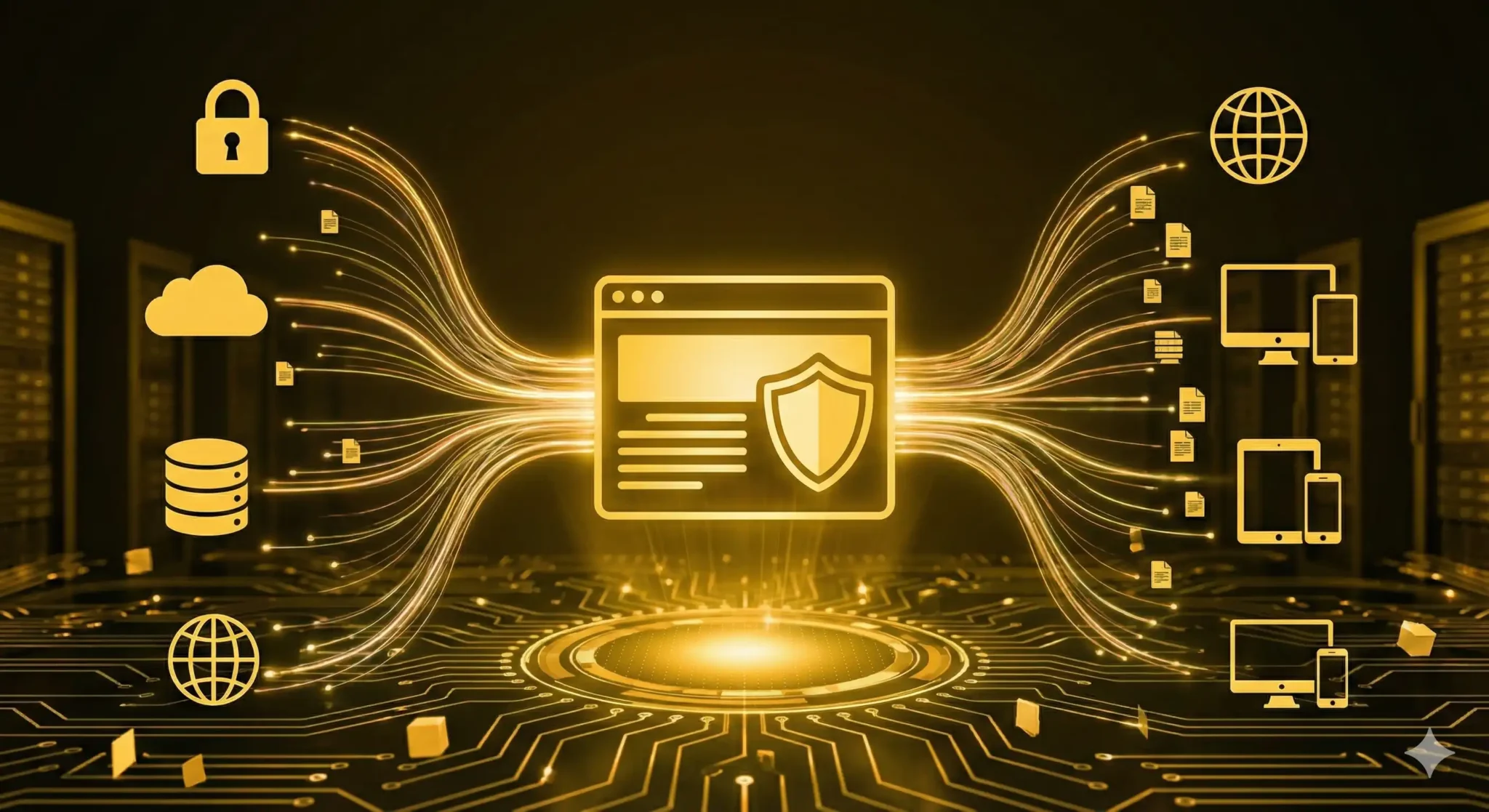 Icone dorate di sicurezza informatica e protezione dati su sfondo futuristico.