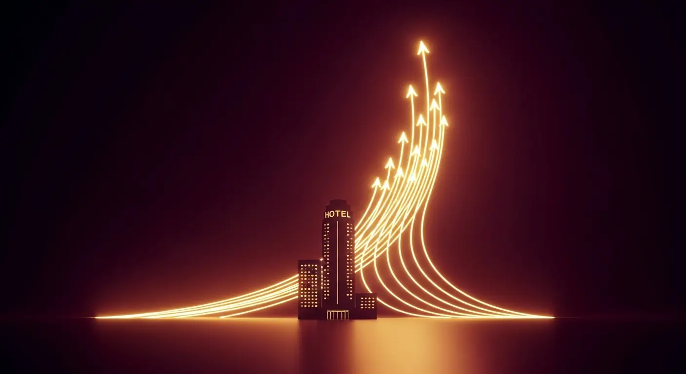 Illustrazione di un hotel con linee luminose ascensionali che simboleggiano crescita e progresso.